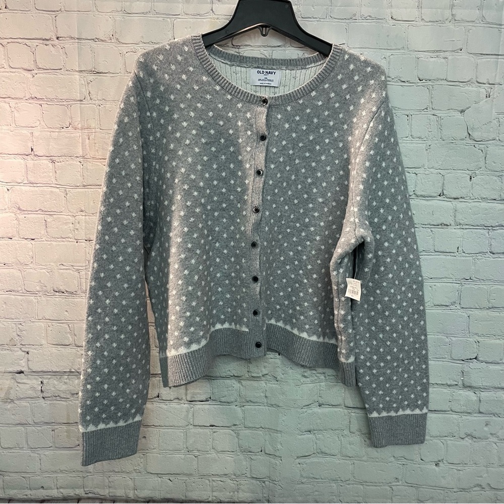 Old Navy Gray and White Button Up Crewneck Knotted Sweater XXL NWT